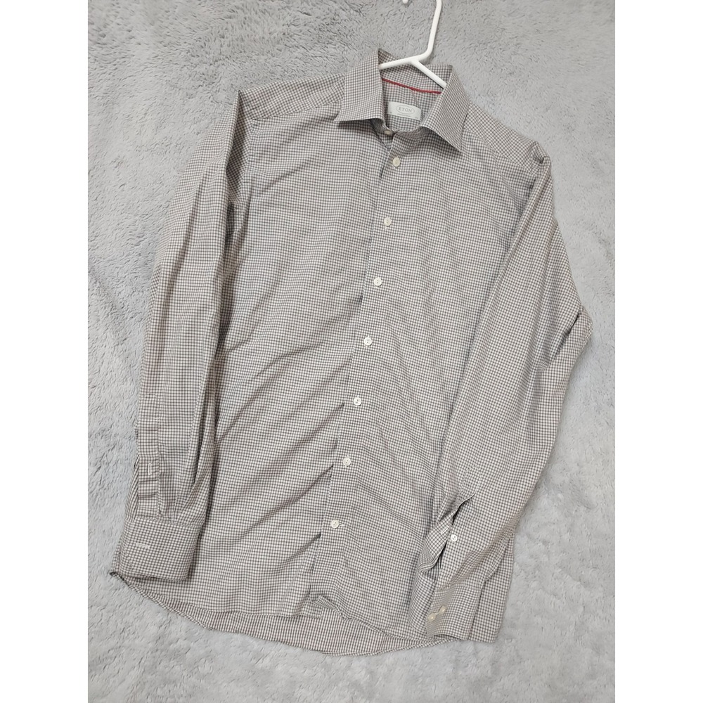 Eton Shirt Mens 15.5 39 Contemporary Fit Gingham Check Brown White Lightweight